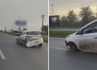 Carro é flagrado trafegando sem pneu e com para-choque arrastando pela BR-153