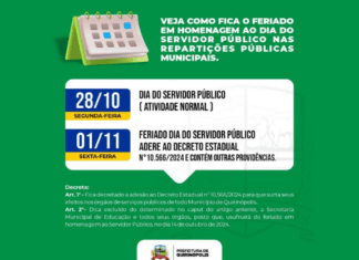 QUIRINÓPOLIS- Aderindo a um decreto estadual, o prefeito Anderson de Paula transferiu o ponto facultativo do dia 28 de outubro, em alusão ao Dia do Servidor Público, para 1º de novembro, sexta-feira