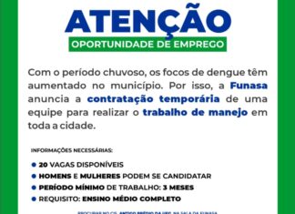 SECRETARIA DE SAÚDE CONTRATA HOMENS E MULHERES PARA O COMBATE AO MOSQUITO DA DENGUE, EM QUIRINÓPOLIS