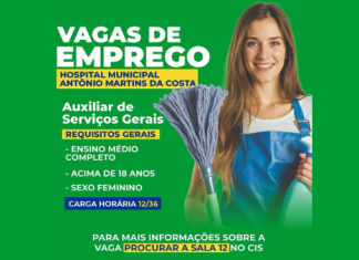 VAGA PARA AUXILIAR DE SERVIÇOS GERAIS NO HOSPITAL MUNICIPAL ANTÔNIO MARTINS DA COSTA